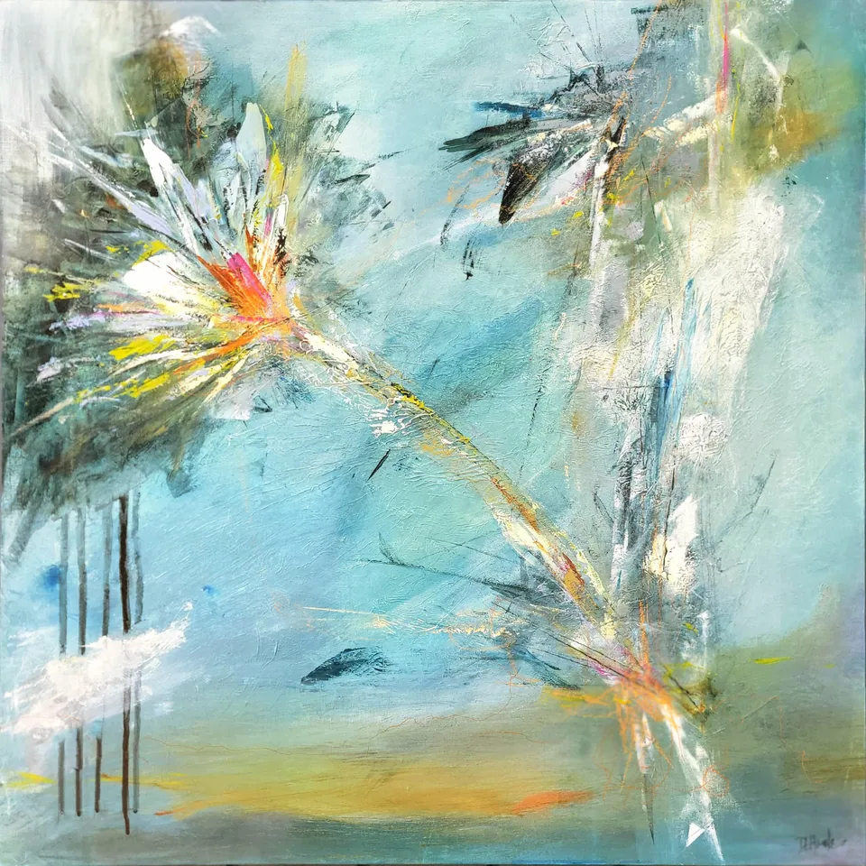 Ascent, acrylic & mixed media on cradled wood panel, 24 in × 24 in, by Debbi Homola