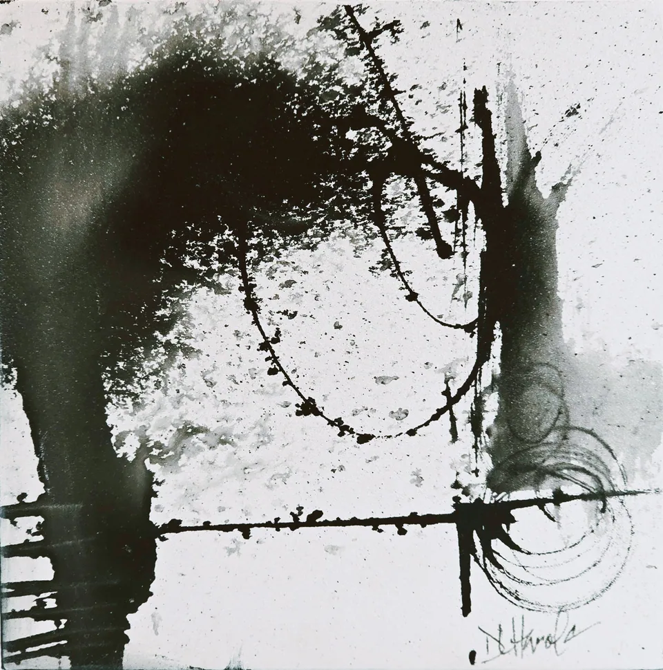 Black & White Ink No. 2, acrylic ink on cradled masonite panel, 5 in × 5 in, by Debbi Homola