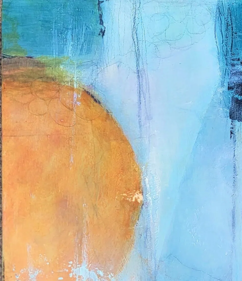 Close-up of Boundaries by Debbi Homola: close-up of orange circle and blue drips