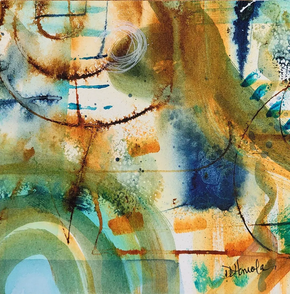 Coming Around, acrylic ink on watercolor paper, 6 in × 6 in, by Debbi Homola
