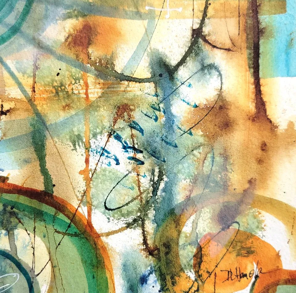 Complimentary Scuffle, acrylic ink on watercolor paper, 6 in × 6 in, by Debbi Homola