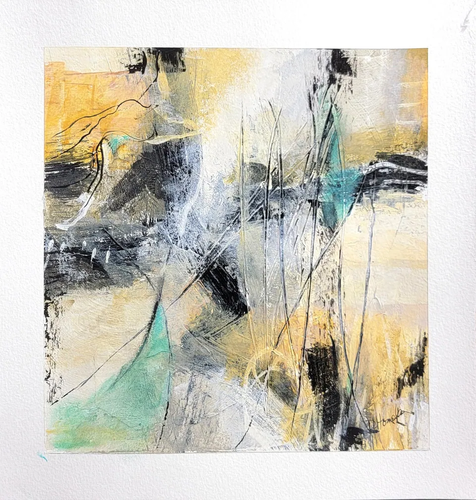 Evening Glow, acrylic & mixed media on watercolor paper, 8 in × 8 in, by Debbi Homola