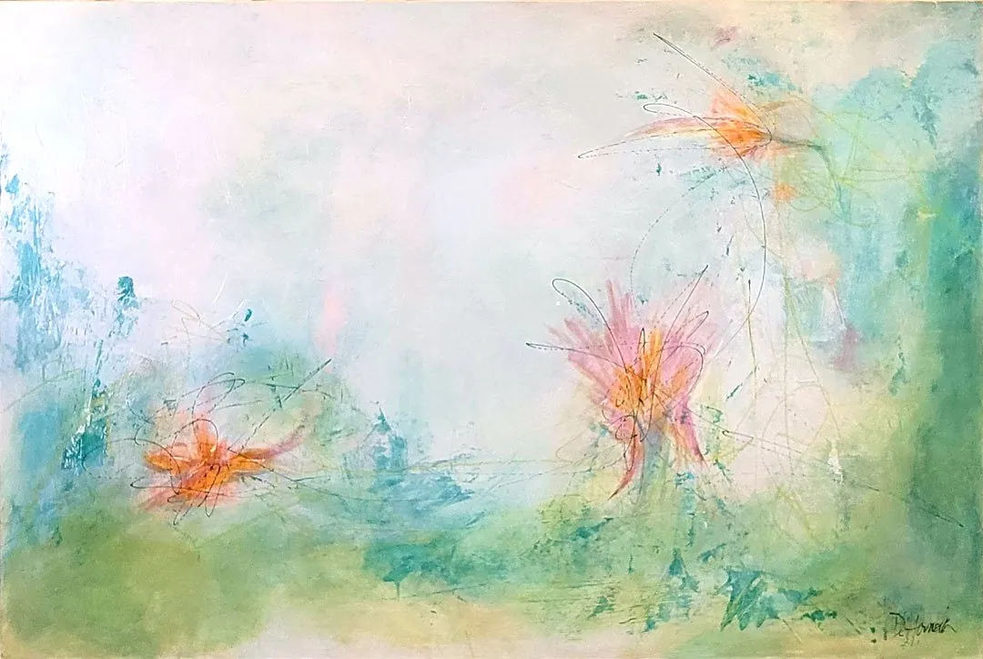 Flowers don't always bloom where planted, acrylic on wood panel, 24 in × 36 in, by Debbi Homola