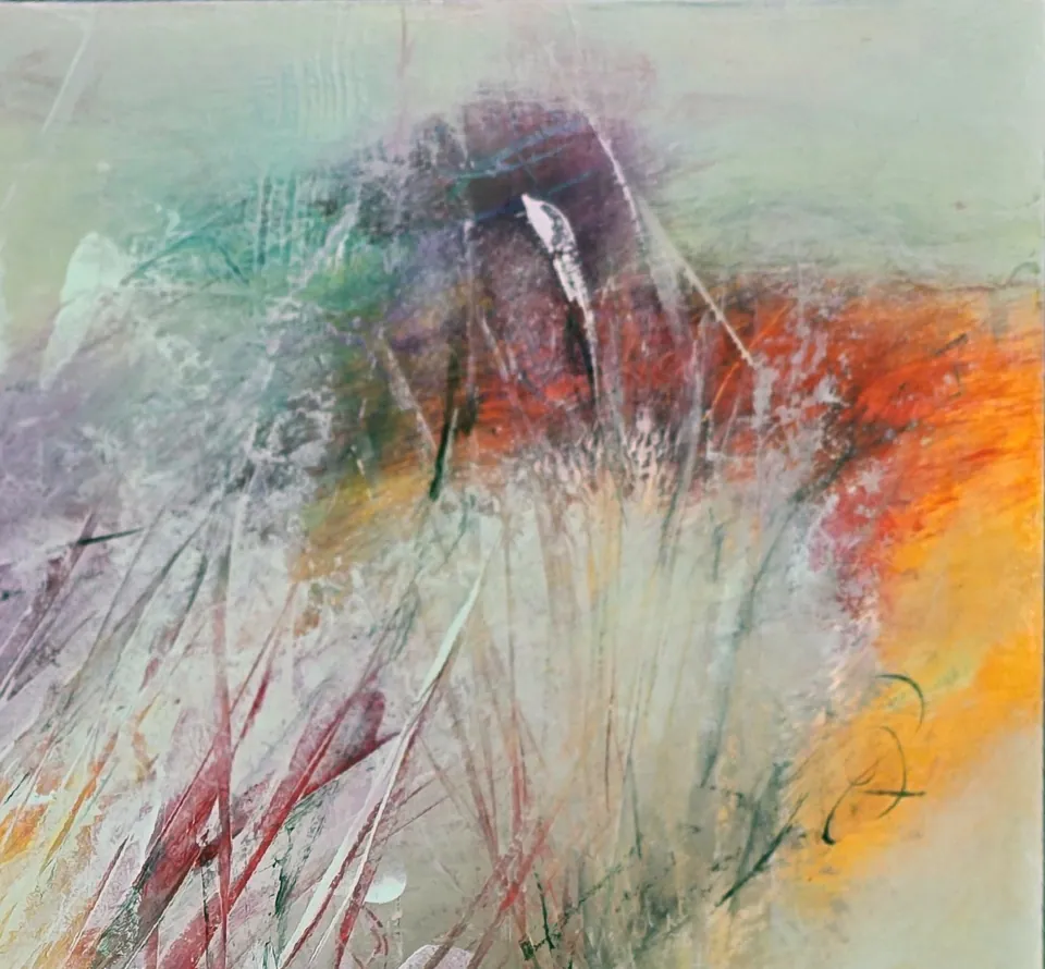 Close-up of Garden Visions by Debbi Homola: crop of red-orange band over pale grasses