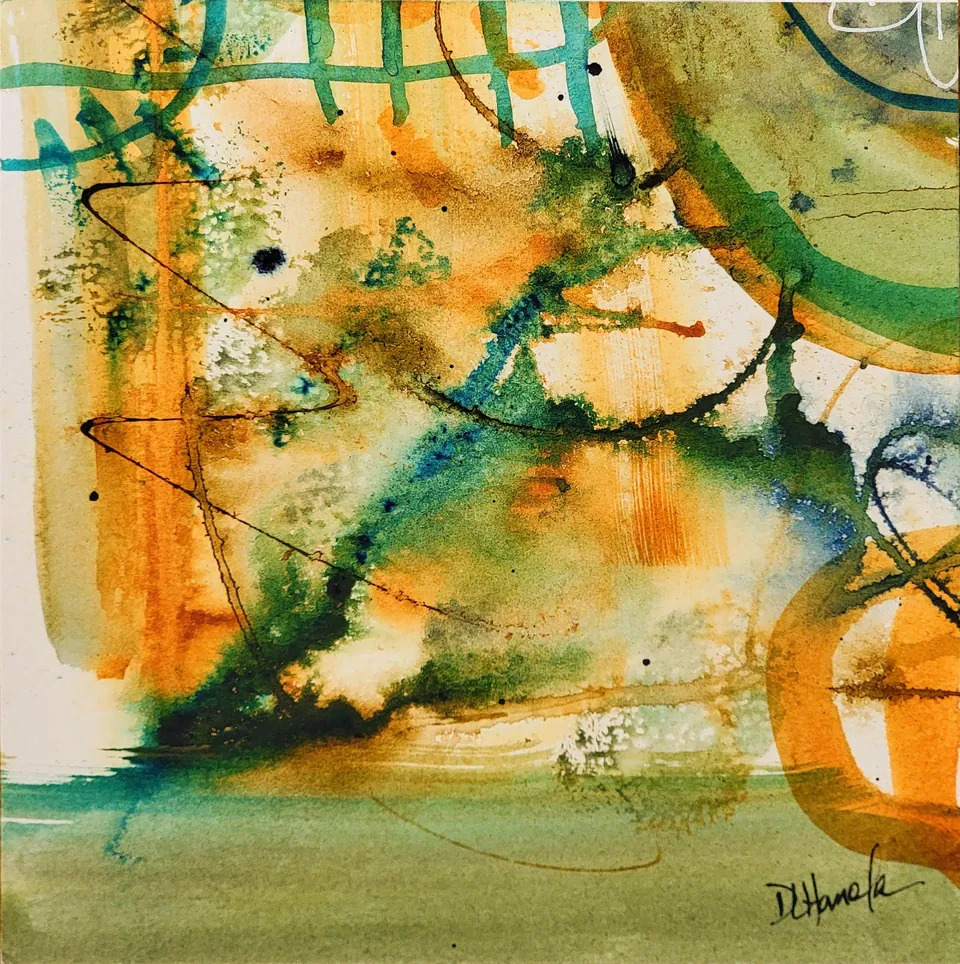 Skier Through the Window, acrylic ink on watercolor paper, 6 in × 6 in, by Debbi Homola
