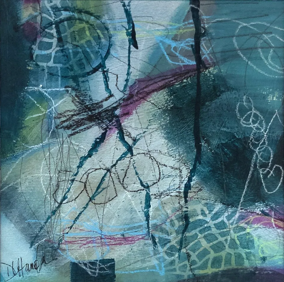 Teal Melodies, acrylic on watercolor paper, 7 in × 7 in, by Debbi Homola
